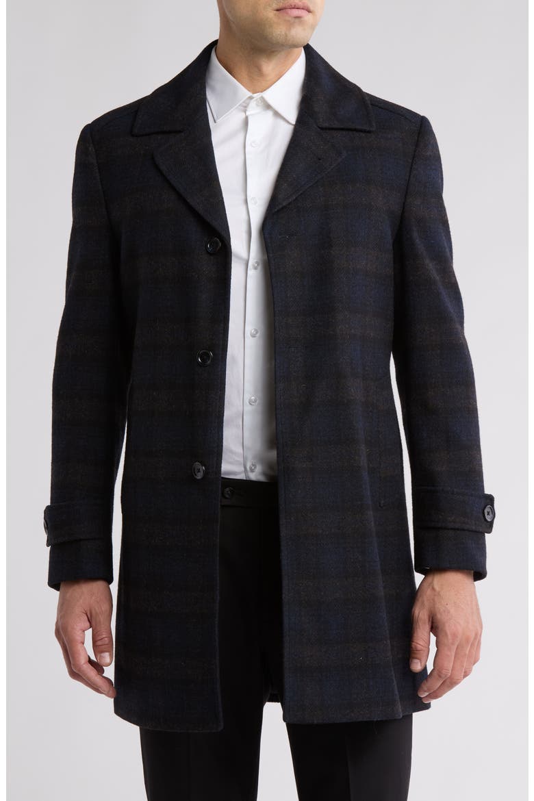 Plaid Wool Blend Overcoat, Main, color, NAVY