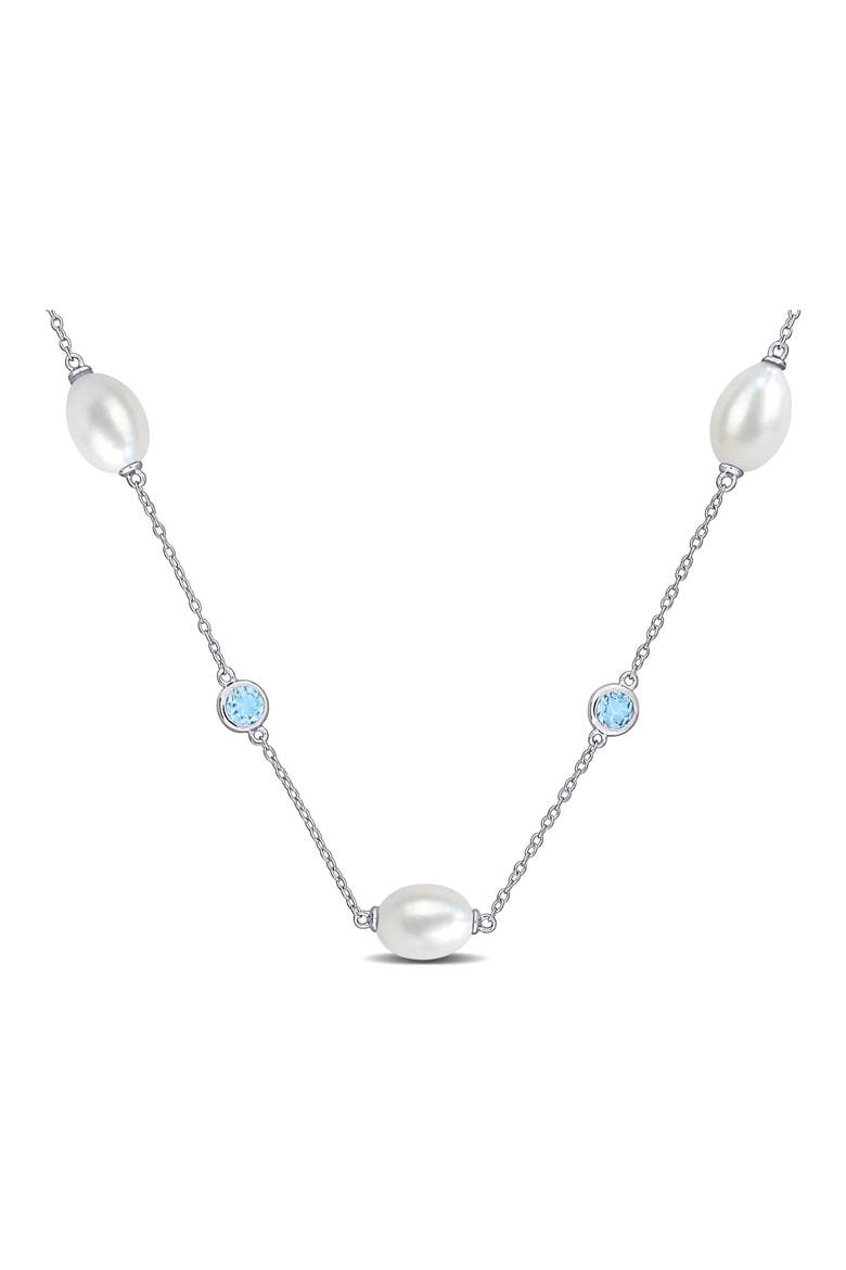 Sterling Silver Cultured Pearl and Blue Topaz Station Necklace, Main, color, BLUE