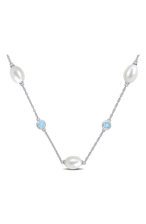 Sterling Silver Cultured Pearl and Blue Topaz Station Necklace
