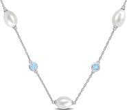 DELMAR Sterling Silver Cultured Pearl and Blue Topaz Station Necklace