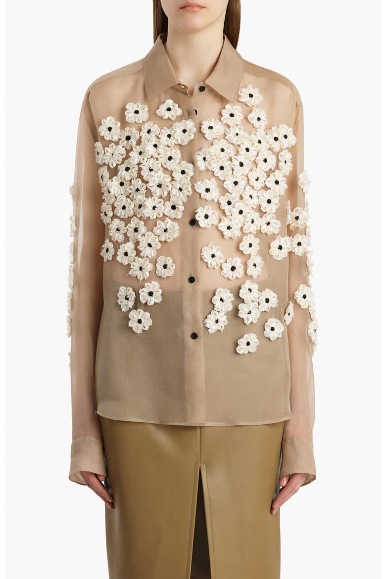 Argo Floral Appliqué Sheer Silk Organza Button-Up Shirt, Main, color, TEA STAIN SCATTER
