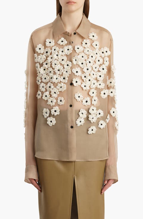 Argo Floral Appliqué Sheer Silk Organza Button-Up Shirt