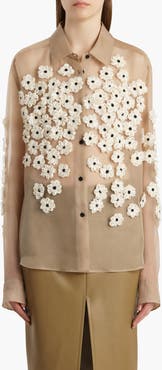 Khaite Argo Floral Appliqué Sheer Silk Organza Button-Up Shirt
