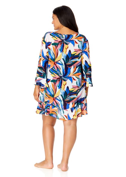 Anne Cole Plus Riviera Floral Flounce V Neck Tunic Swimsuit Cover Up In Riviera Floral