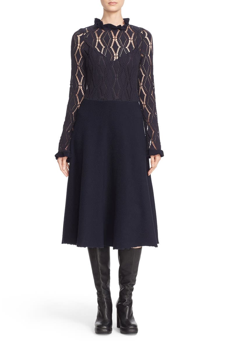 Long Sleeve Jersey Lace Overlay Dress, Main, color, NAVY
