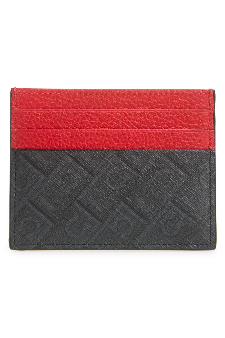 Gancio Monogram Leather Card Case, Alternate, color, NERO/ GRIGIO FLAME RED