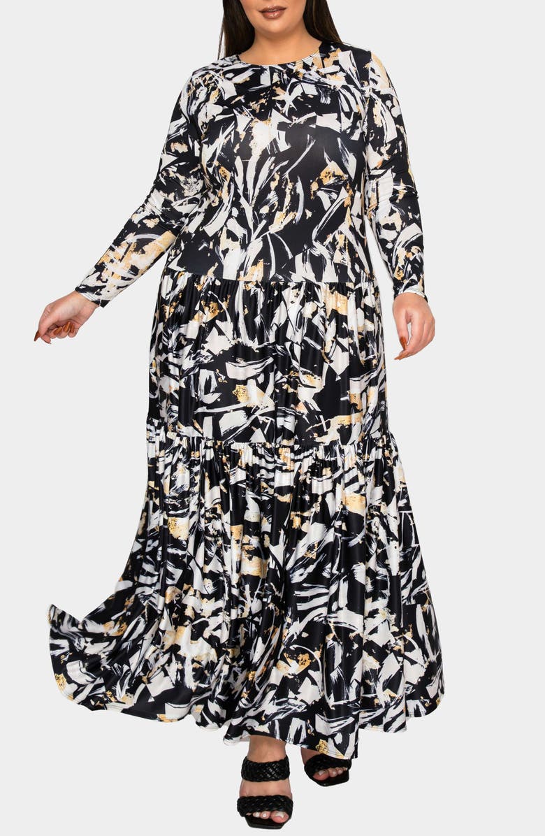 L I V D Zimmern Printed Tiered Long Sleeve Maxi Dress, Alternate, color, Black Taupe
