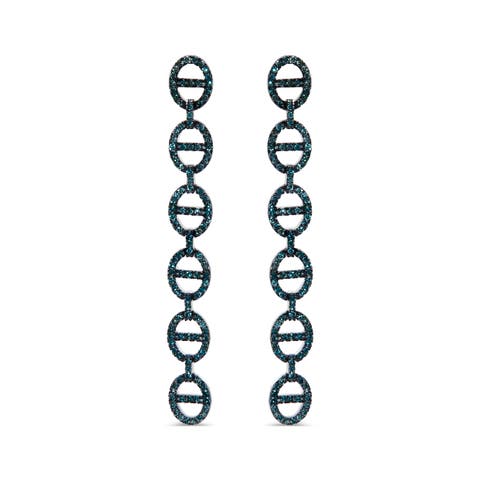Sterling Silver 1.0 Cttw Blue Diamond Linked Circle Drop Earrings