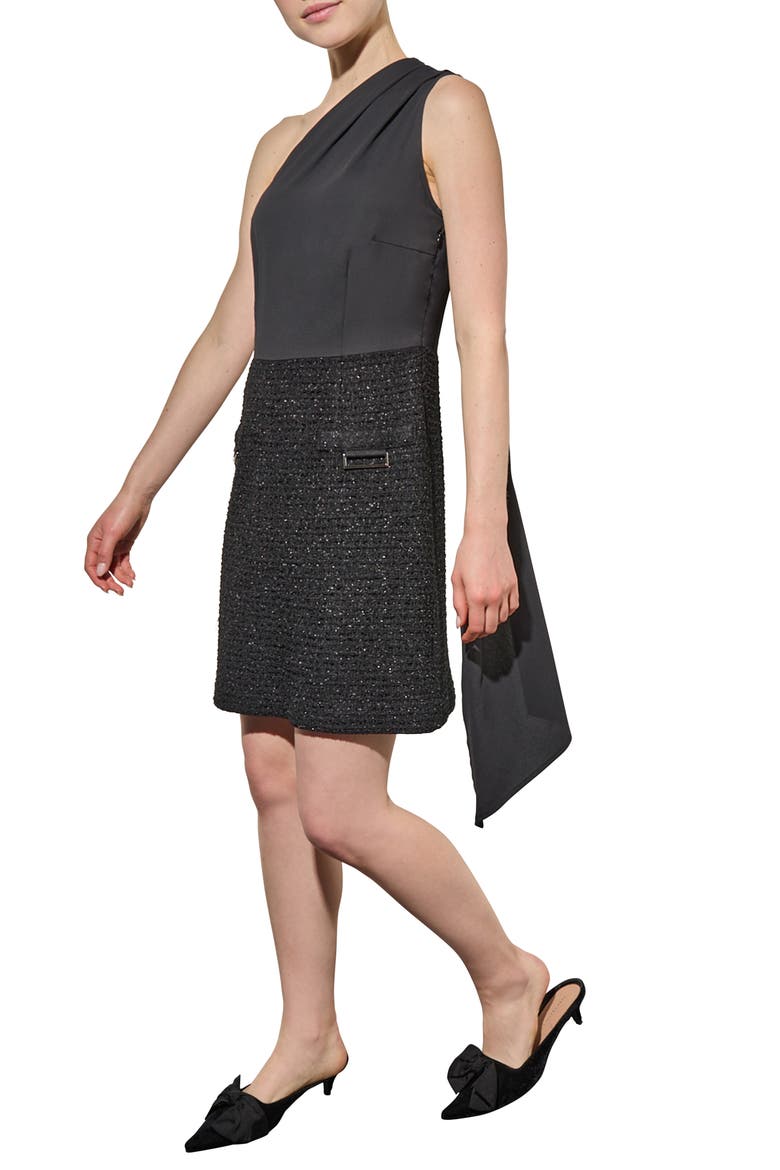 Mixed Media One-Shoulder Dress, Alternate, color, BLACK