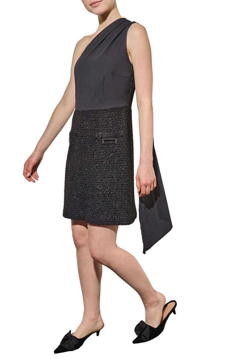 Ming Wang Mixed Media One-Shoulder Dress, Alternate, color, Black