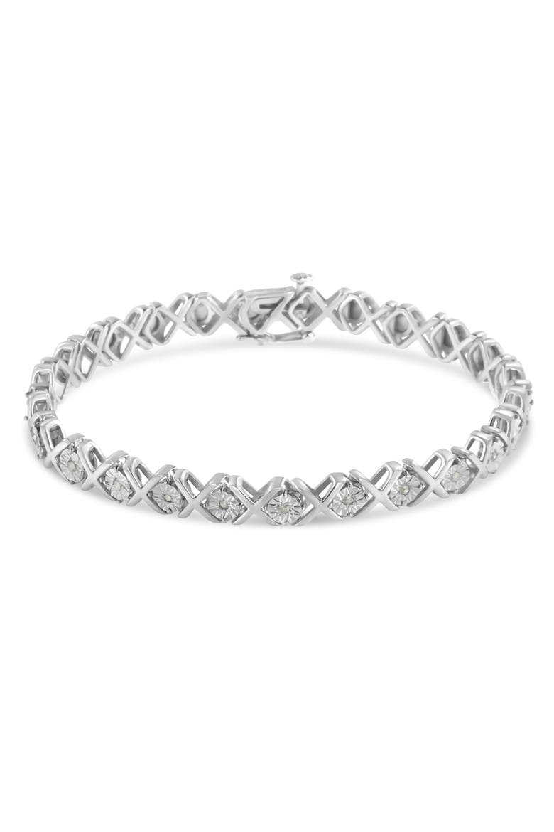 Silver 1/10 cttw Miracle-Set Round-Cut Diamond "X" Link Tennis Bracelet, Alternate, color, White