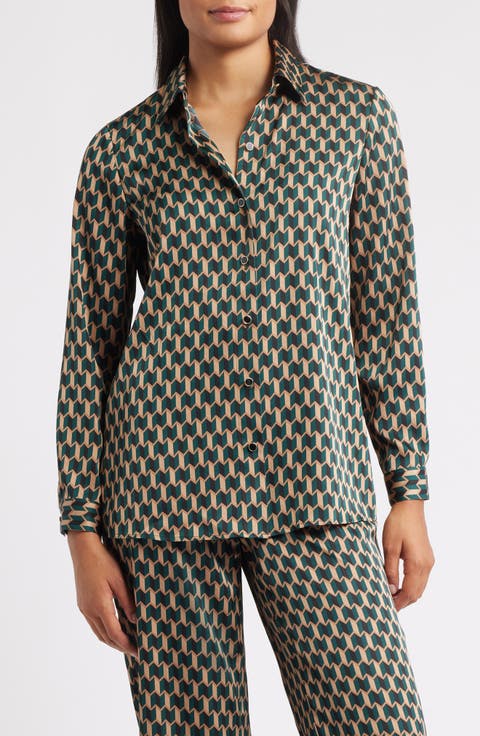 Zigzag Print Button-Up Tunic Shirt