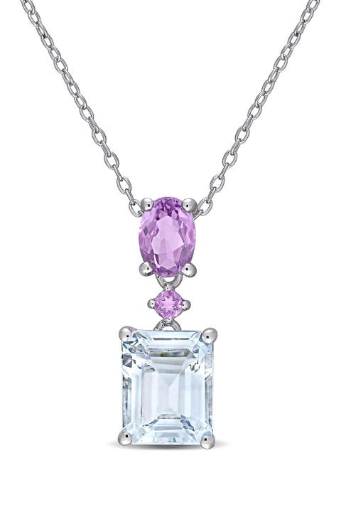 Sterling Silver Aquamarine & Amethyst Pendant Necklace