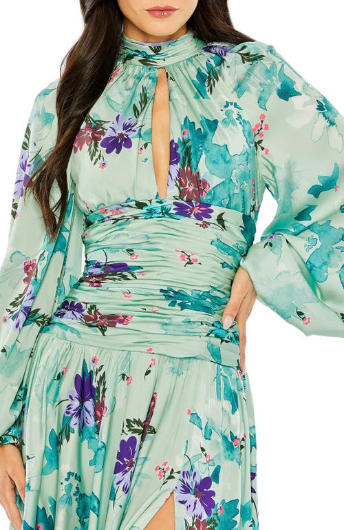 Mac Duggal Floral Print Satin Long Sleeve Keyhole Gown In Sage Multi