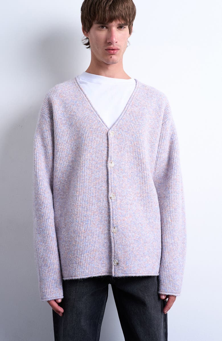 Topman Twist Yarn V-Neck Cardigan, Main, color, Lilac