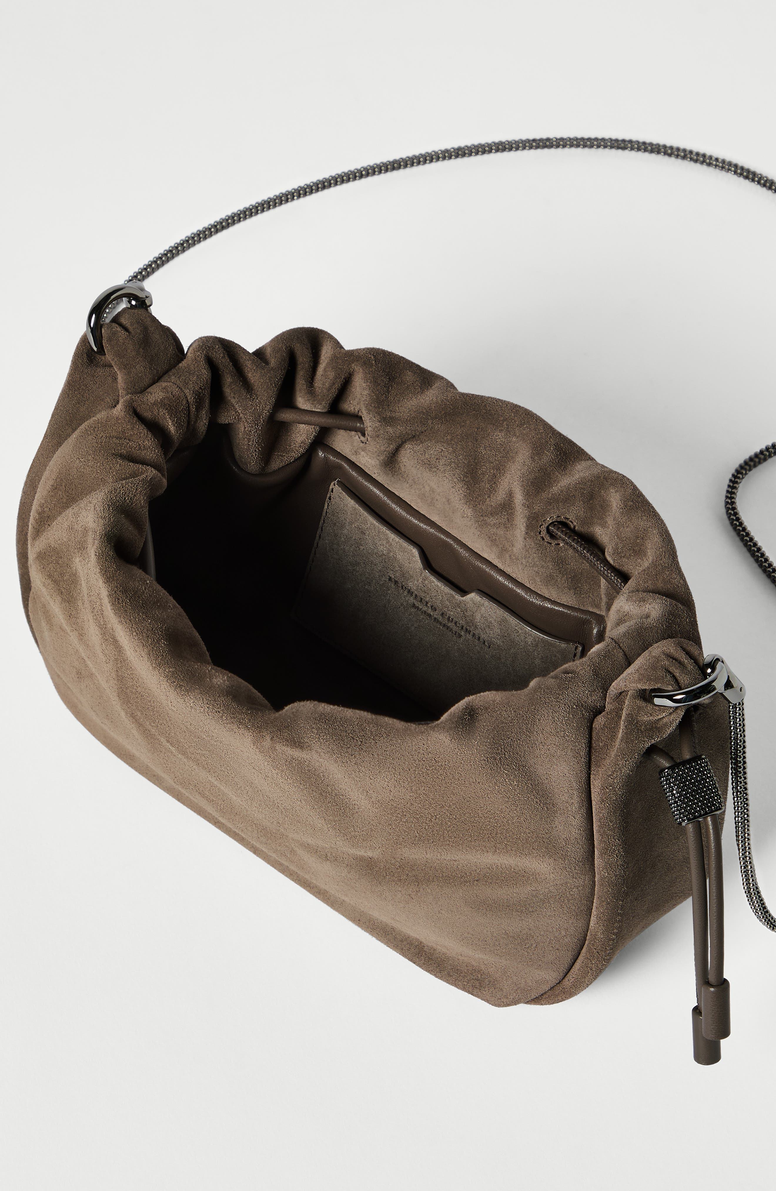 Mellow mini bucket bag in suede with precious chain, Alternate, color, Light Brown