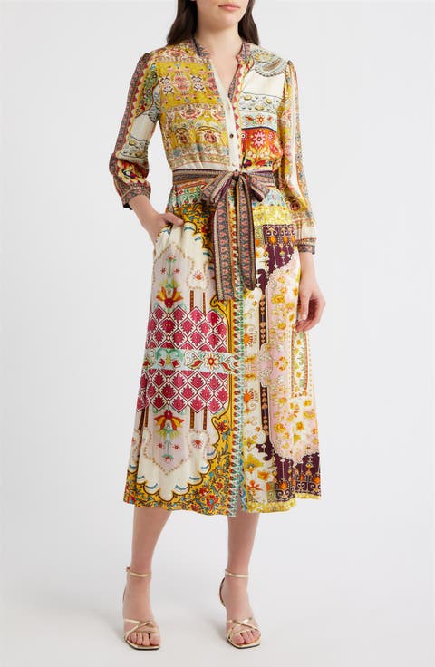 Fran Baroque Print Long Sleeve Tie Waist Silk Blend Shirtdress