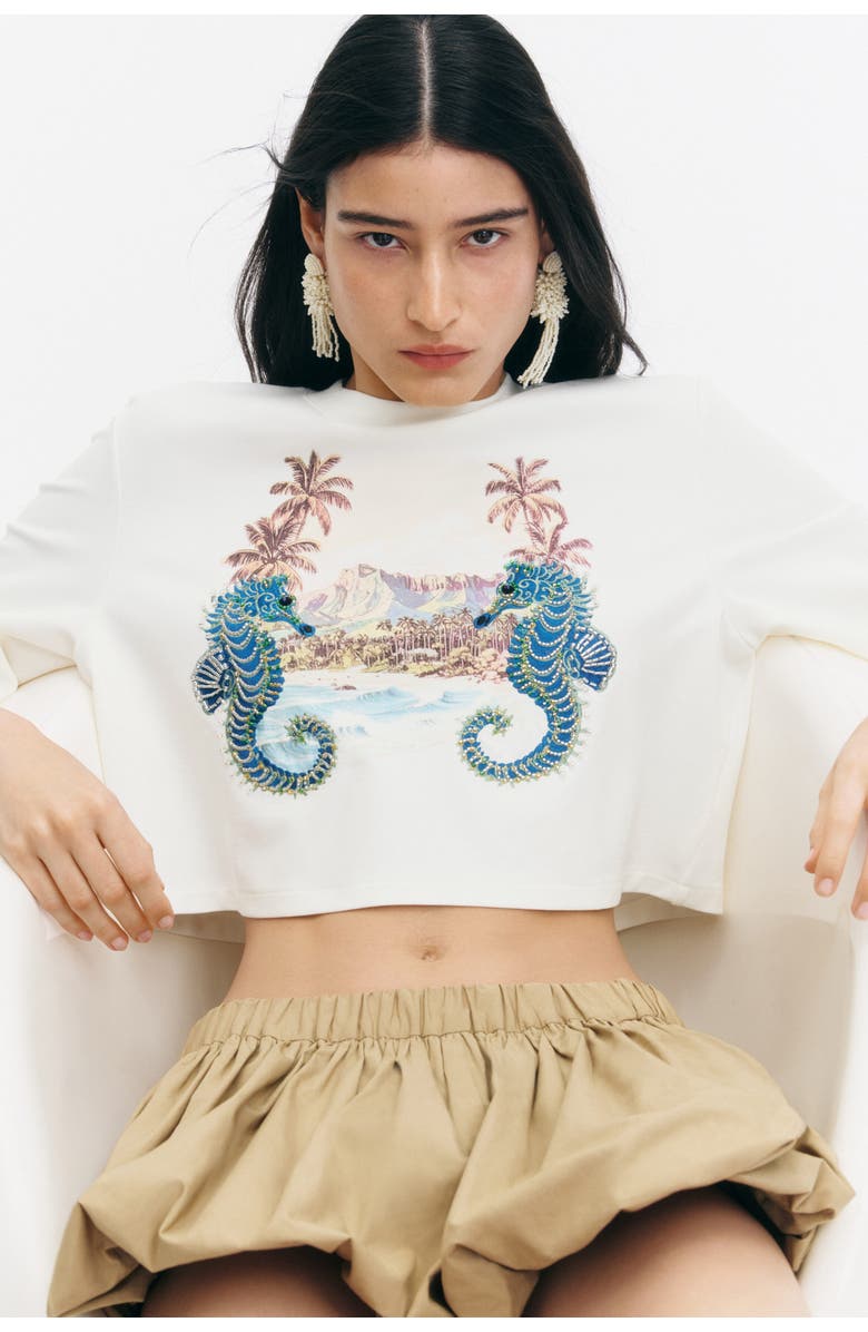 H&M Cropped Embellished T-shirt, Alternate, color, White/Seahorses