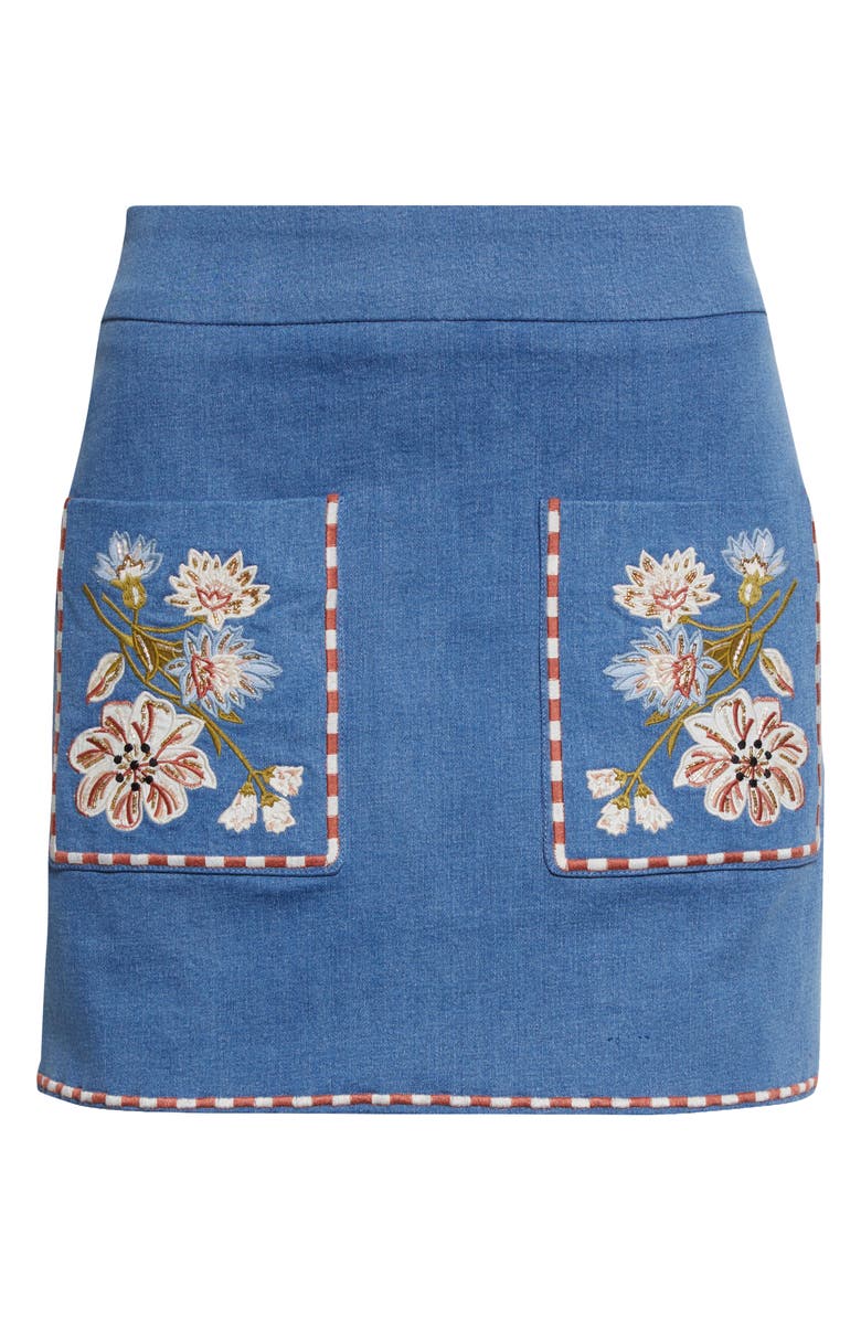 Veronica Beard Pallas Embroidered Pocket Detail Stretch Cotton Skirt, Main, color, Sea Glare