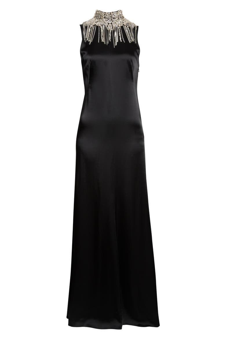 Chain Mail Open Back Satin Gown, Alternate, color, BLACK