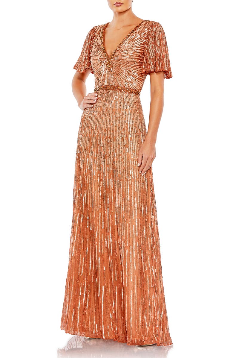 Mac Duggal Embellished V Neck Butterfly Sleeve Column Gown, Main, color, Copper