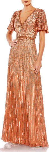 MAC DUGGAL シルバー装飾Vネックバタフライスリーブコラムガウン Sleeveless Diagonal Sequined V-Neck Gown - Mac Duggal