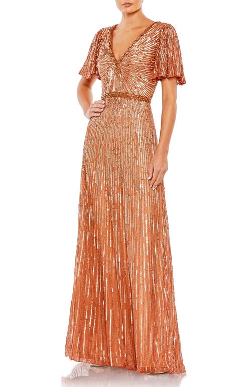 Mac Duggal Embellished V Neck Butterfly Sleeve Column Gown In Copper