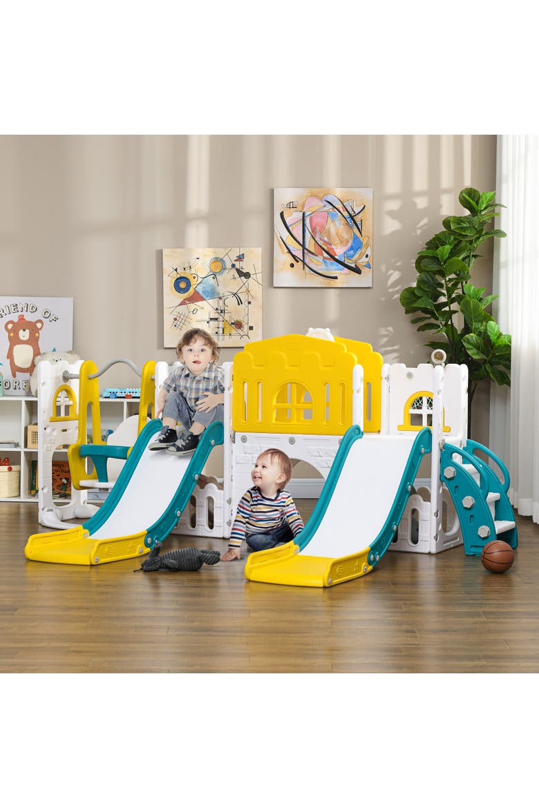 Toddler Slide and Swing Set, with 2 Slides, Basketball Hoop, Alternate, color, Yellow