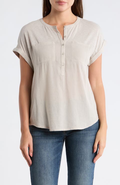Mixed Media Short Sleeve Cotton Henley Top