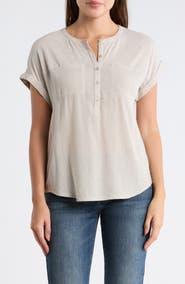 Lucky Brand Mixed Media Short Sleeve Cotton Henley Top