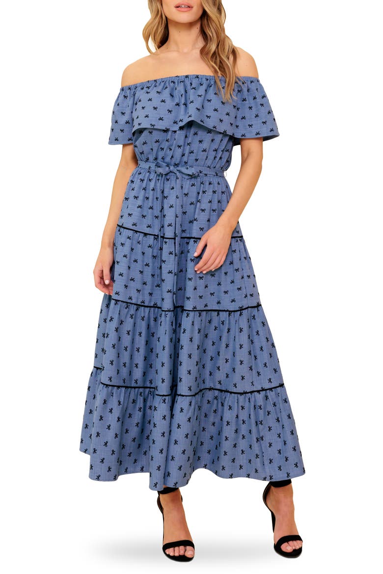 Off the Shoulder Tiered Chambray Maxi Dress, Main, color, CHAMBRAY
