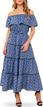 FLYING TOMATO Off the Shoulder Tiered Chambray Maxi Dress