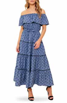 FLYING TOMATO Off the Shoulder Tiered Chambray Maxi Dress
