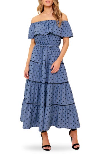 Flying Tomato Off The Shoulder Tiered Chambray Maxi Dress