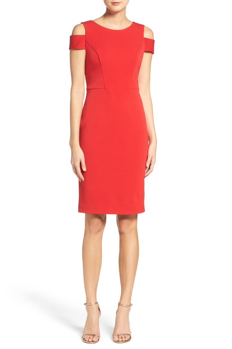 Cold Shoulder Crepe Sheath Dress, Main, color, RED