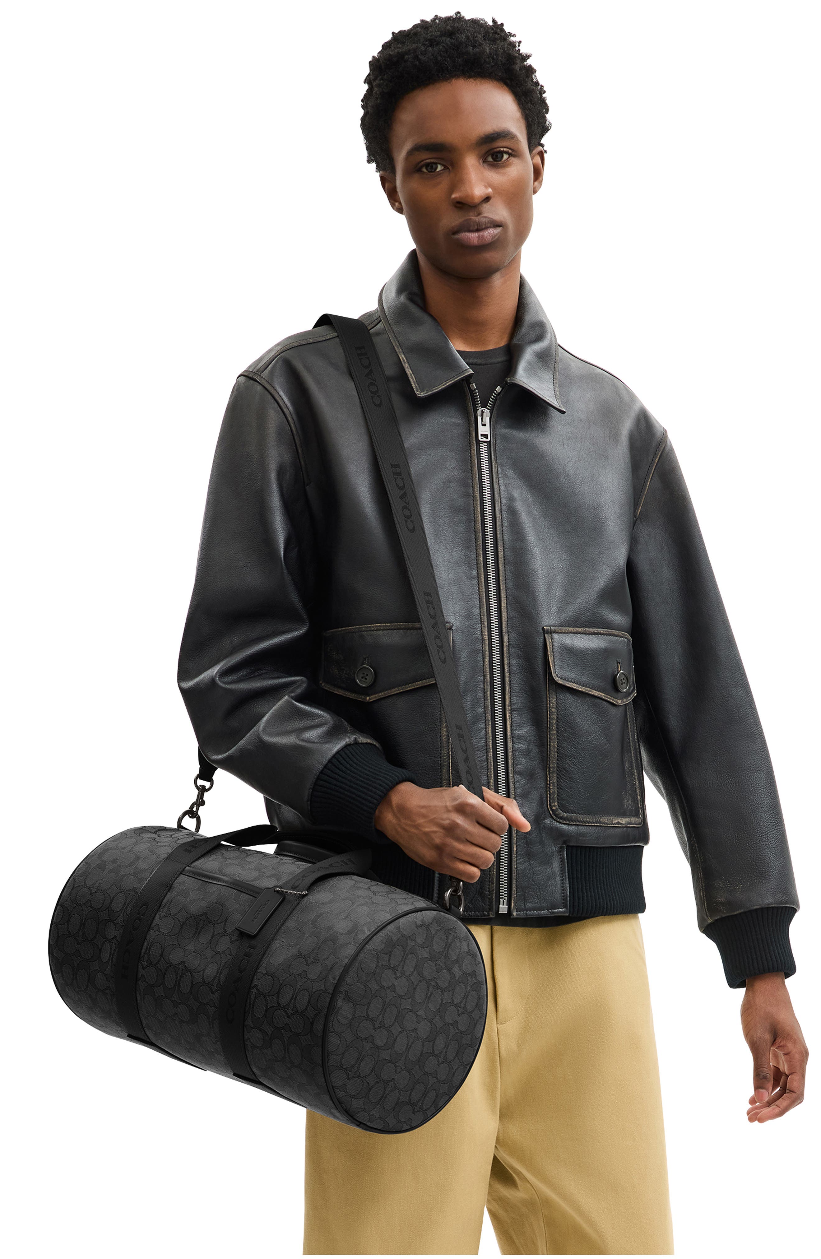 COACH Theo Signature Jacquard & Leather Duffle Bag, Alternate, color, Black