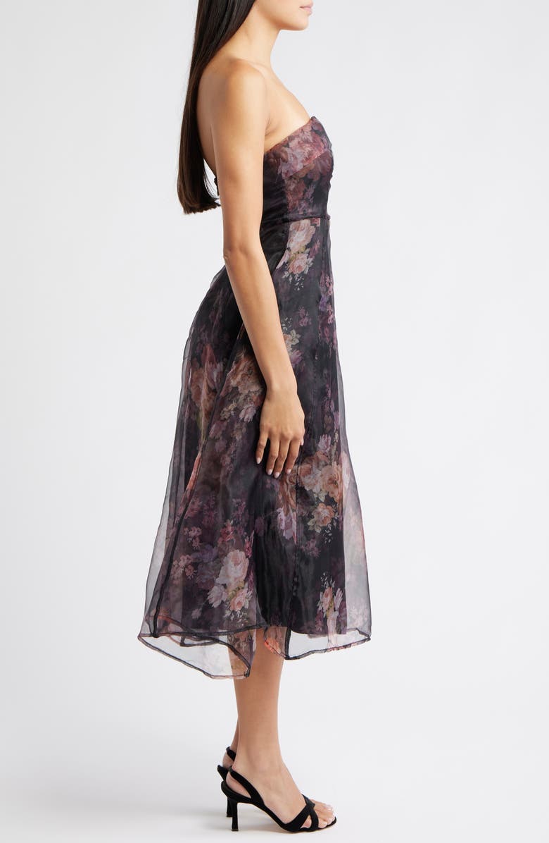 Lulus Elena Strapless Organza Midi Dress, Alternate, color, Black Floral