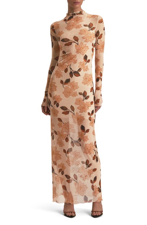 Favorite Daughter The Sheer Fantasy Floral Long Sleeve Mesh Maxi Dress In Brown
