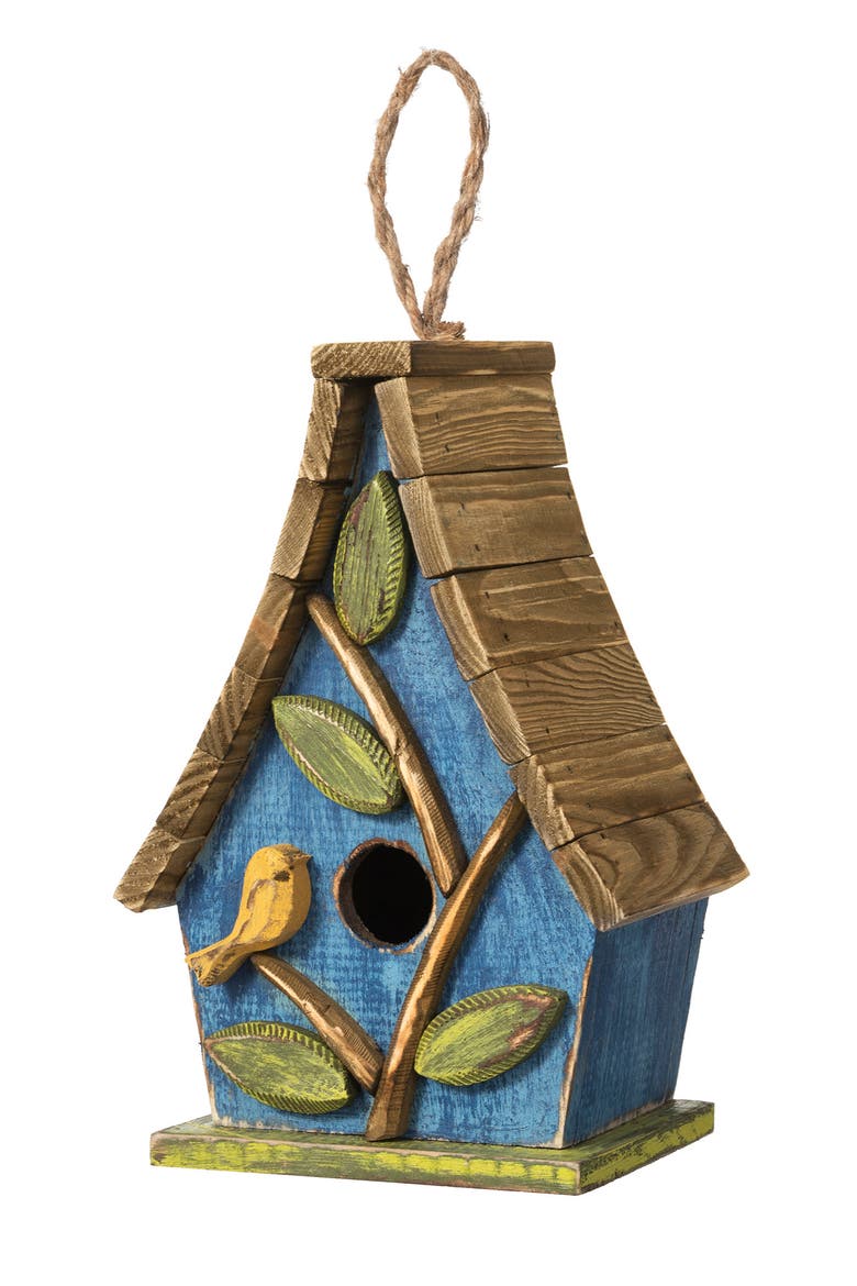 9.5"H Distressed Solid Wood Birdhouse with 3D Leaves, Main, color, Blue