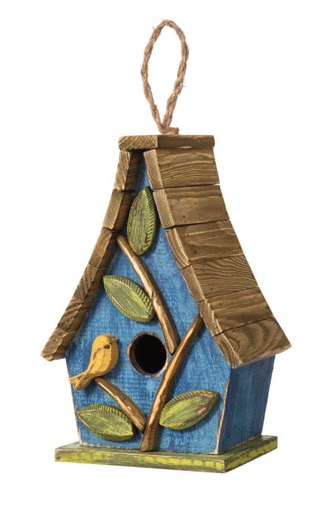 9.5"H Distressed Solid Wood Birdhouse with 3D Leaves