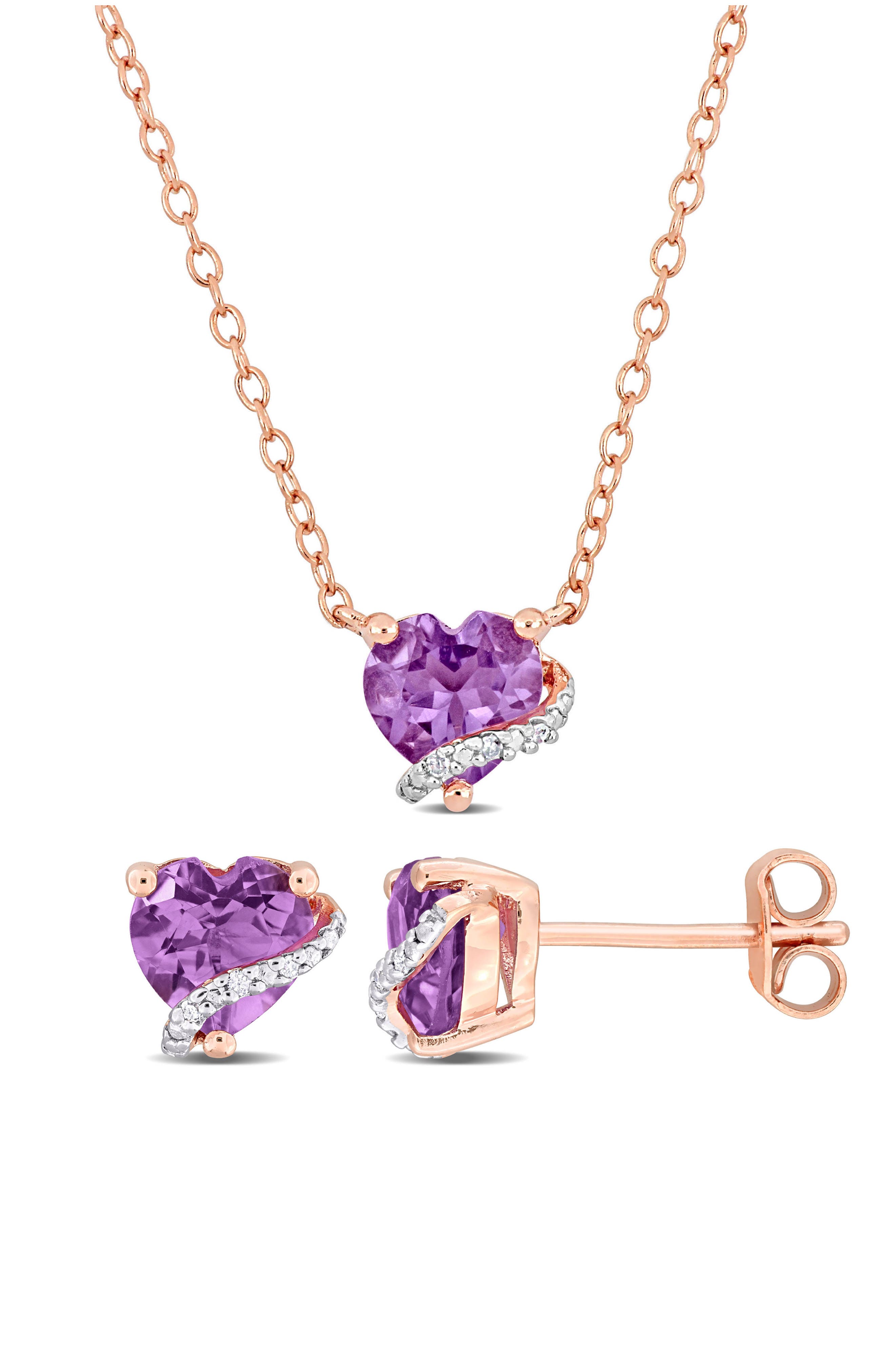 DELMAR Amethyst & Diamond Heart Pendant Necklace & Stud Earrings Set