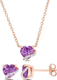 DELMAR Amethyst & Diamond Heart Pendant Necklace & Stud Earrings Set