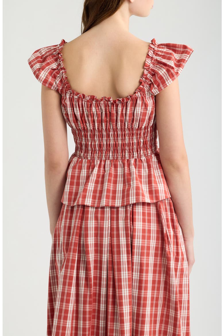 Janne Plaid Cotton Smocked Peplum Top, Alternate, color, INES CHECK TERRA ROSSO