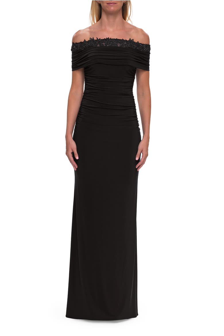 Off the Shoulder Lace Trim Evening Gown, Main, color, Black