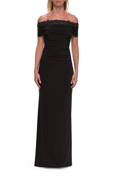 Off the Shoulder Lace Trim Evening Gown