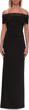 La Femme Off the Shoulder Lace Trim Evening Gown