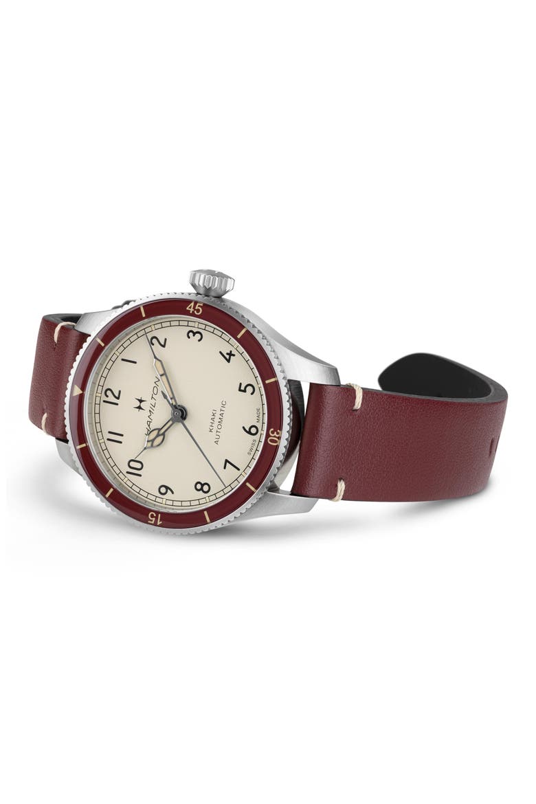 Khaki Aviation Leather Strap Watch, 38mm, Alternate, color, WHITE / RED