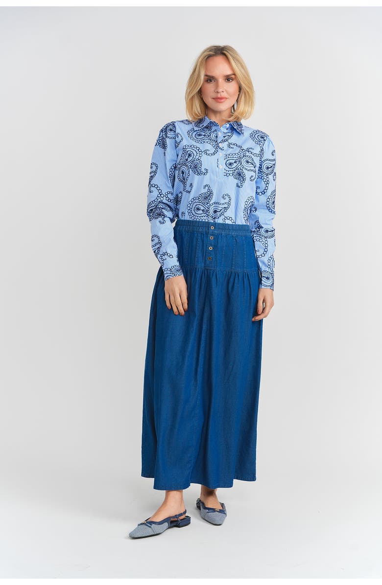Noni Daily Button Denim Tiered A-Line Long Skirt, Alternate, color, Light Denim