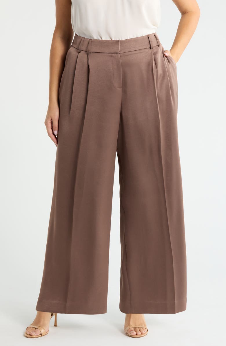 Tahari ASL Pleated Satin Wide Leg Pants, Main, color, Mocha