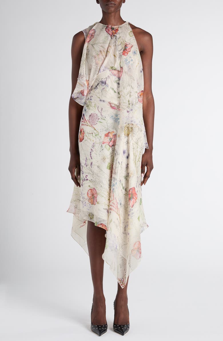 McQueen Meadow Floral Print Asymmetric Silk Chiffon Dress, Main, color, White
